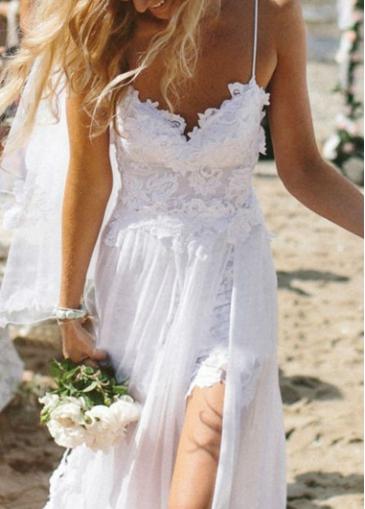 Rosewe Side Slit Lace Splicing White Spaghetti Strap Dress