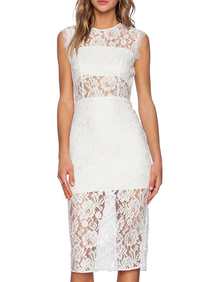 Shein White Crew Neck Fringe Sheer Lace Dress