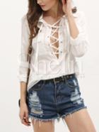 Shein Deep-plunge Neck Lace Up Pockets Blouse