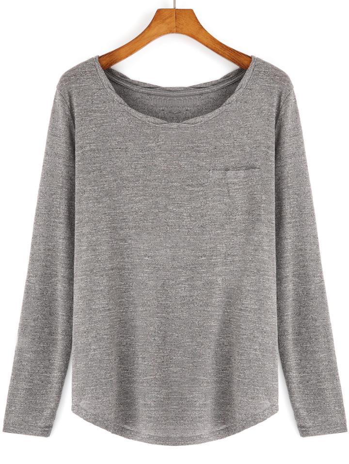 Shein Grey Round Neck Long Sleeve Casual T-shirt
