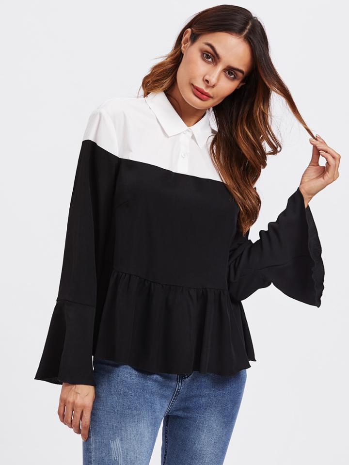 Shein Contrast Shoulder Frill Cuff And Hem Blouse