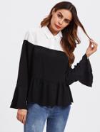 Shein Contrast Shoulder Frill Cuff And Hem Blouse