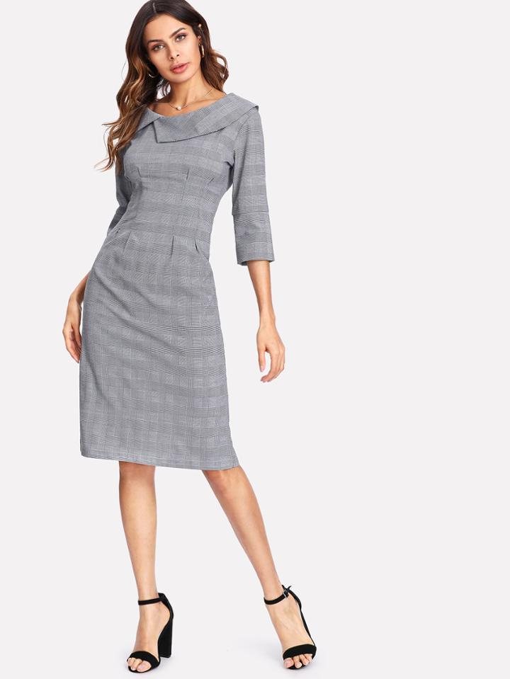 Shein Asymmetrical Collar Slit Back Plaid Dress