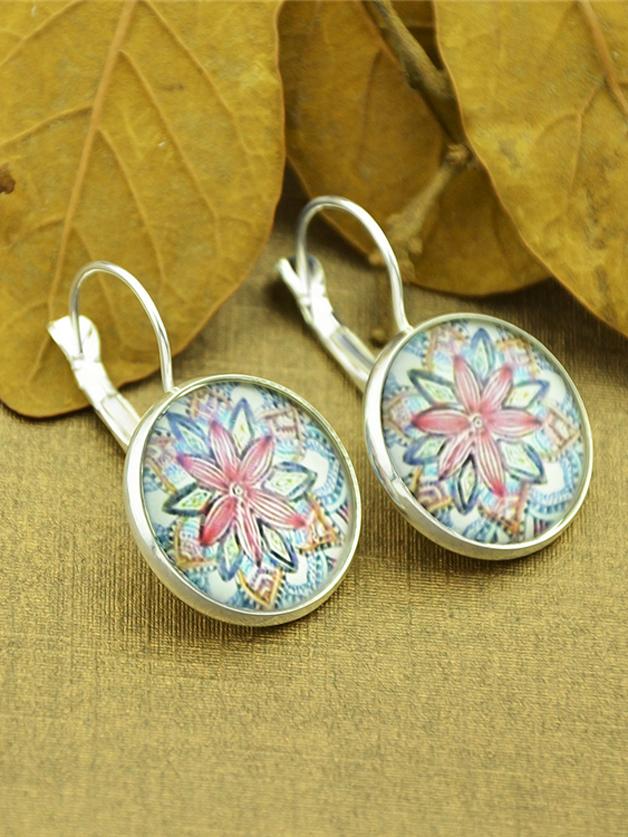 Shein Silver Flower Pattern Imitation Gemstone Plain Round Earrings
