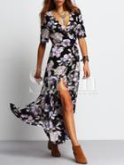 Shein Black Deep V Neck Floral Split Dress