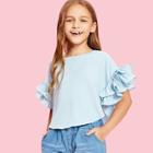 Shein Girls Pleated Ruffle Sleeve Curved Hem Blouse