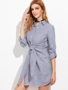 Shein Navy Striped Single Breasted Tie Waist Shirt Dress