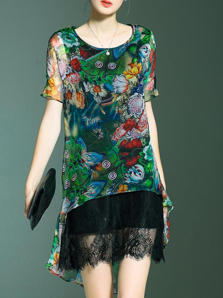 Shein Multicolor Flowers Print High Low Lace Dress
