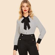 Shein 70s Tie-neck Houndstooth Print Blouse