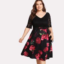 Shein Plus Contrast Lace Rose Print Dress