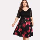 Shein Plus Contrast Lace Rose Print Dress
