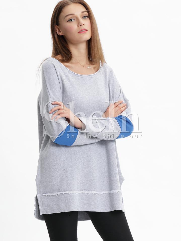 Shein Grey Boat Neck Color Block Sweatshirt