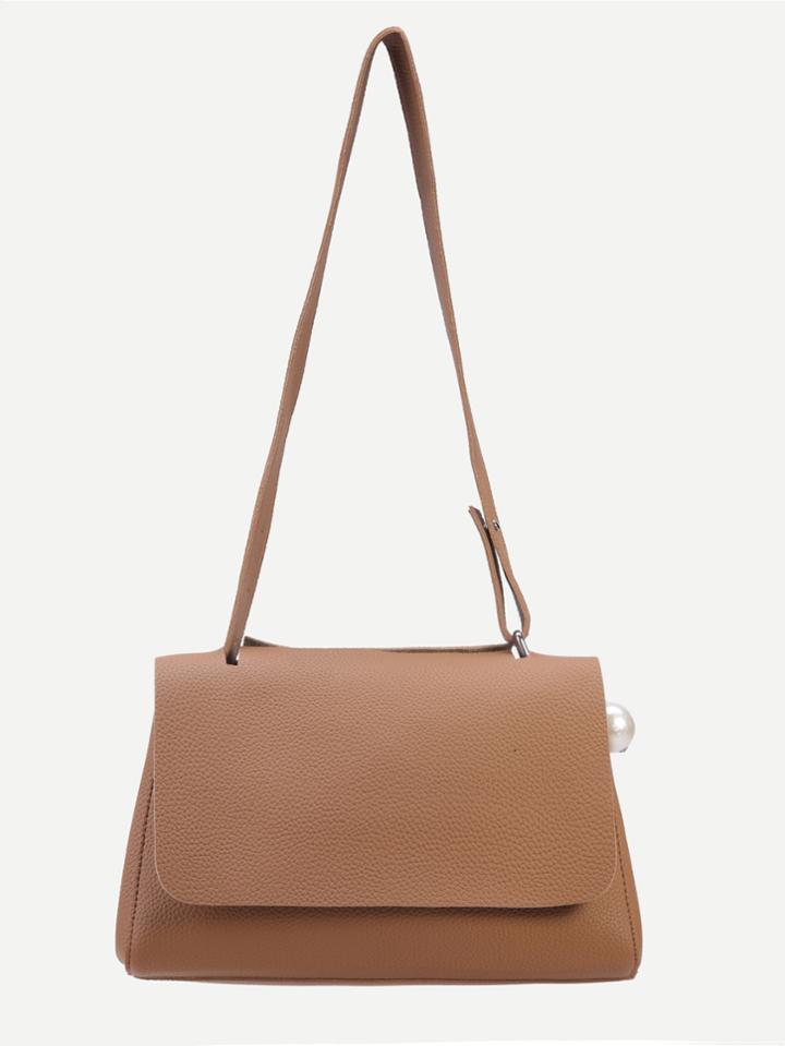 Shein Khaki Pebbled Pu Faux Pearl Embellished Flap Bag