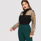Shein Plus Embroidery Mesh Insert Tied Neck Blouse