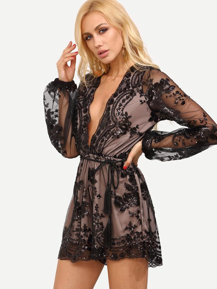 Shein Deep V Neckline Sequined Romper With Tassel Belt
