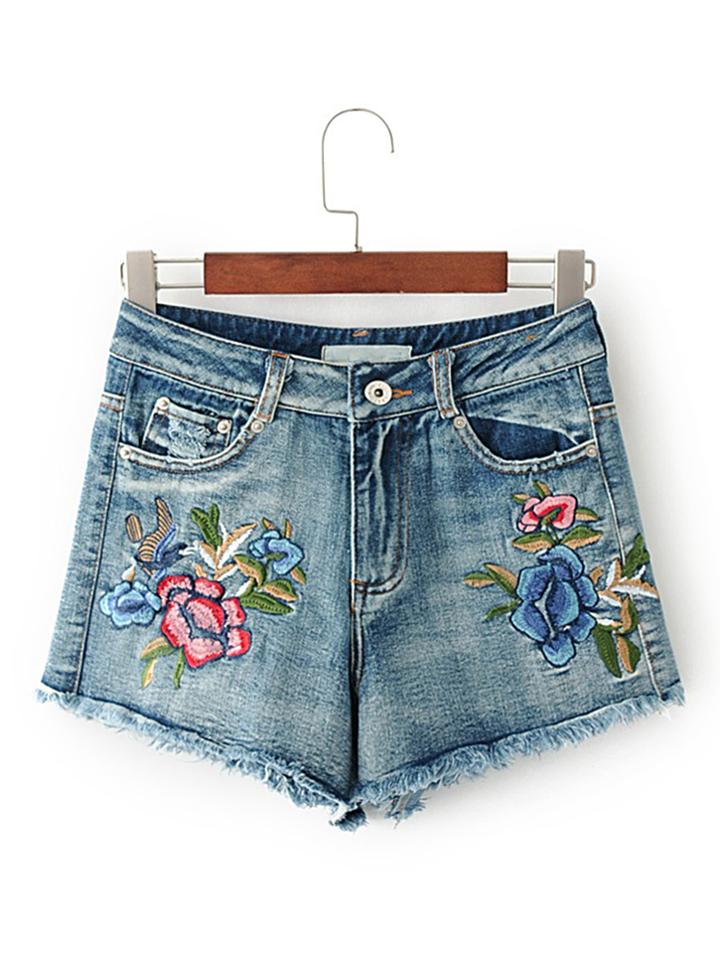 Shein High Waist Raw Hem Embroidery Denim Shorts