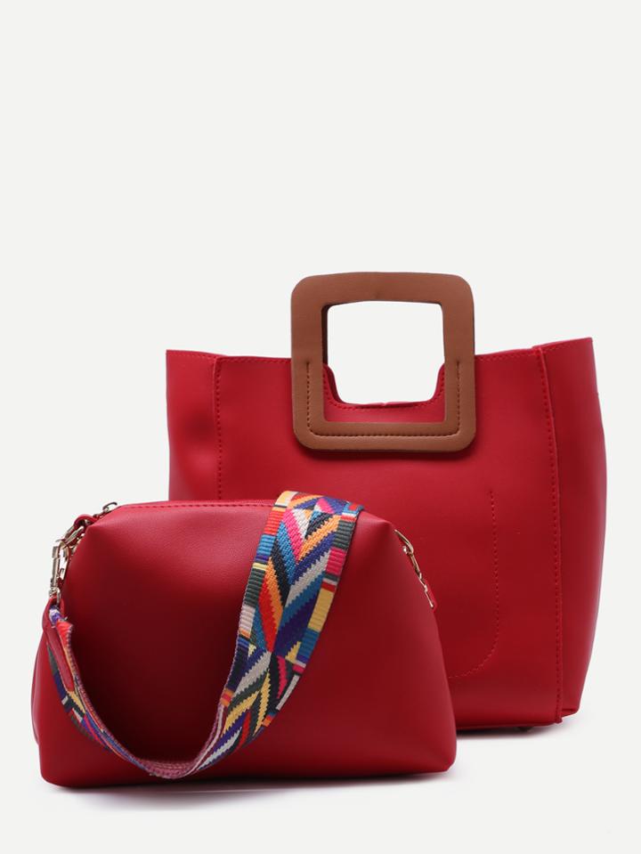 Shein Red Square Handle Tote Bag With Geometric Print Strap Bag