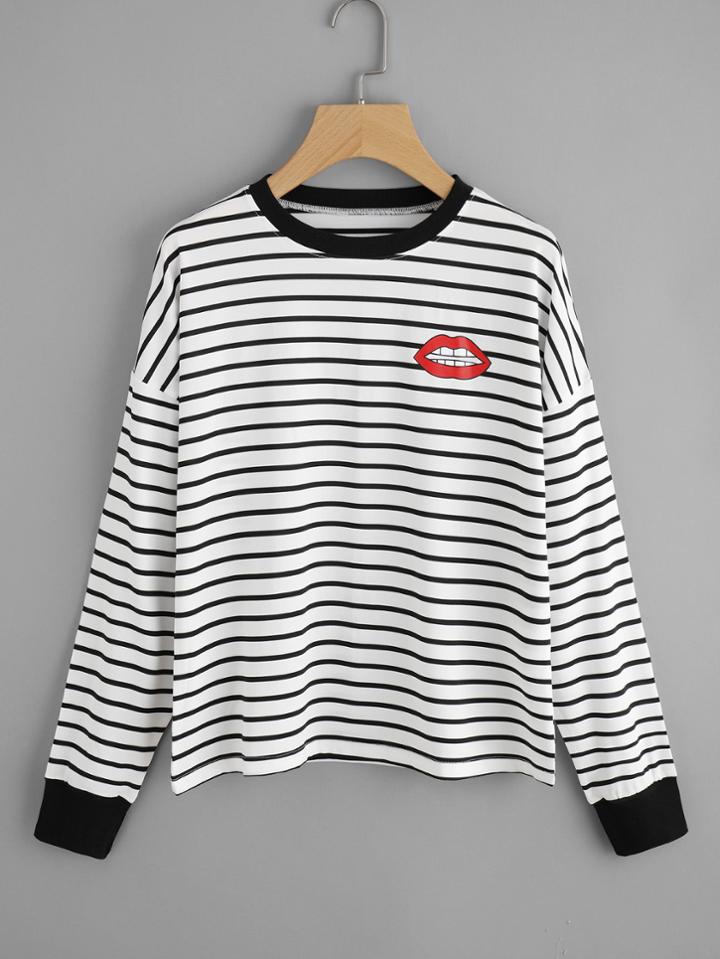 Shein Lips Print Striped Sweatshirt