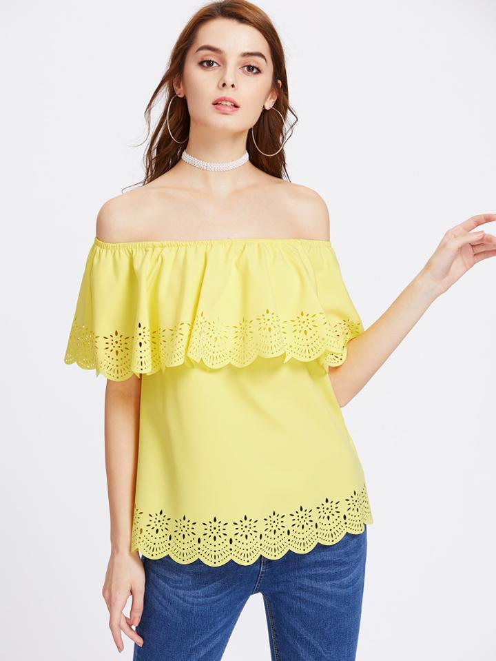 Shein Laser Cut Scallop Edge Flounce Bardot Neck Top