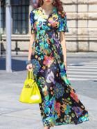 Shein Black V Neck Short Sleeve Elastic Waist Print Dress