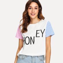 Shein Sleeve Plaid Letter Print Tee