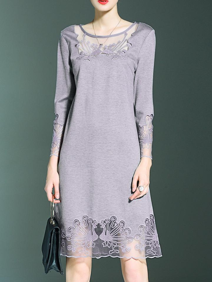 Shein Grey Gauze Embroidered Shift Dress