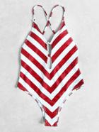 Shein Red White Chevron Print Plunge Neck Crisscross Swimsuit
