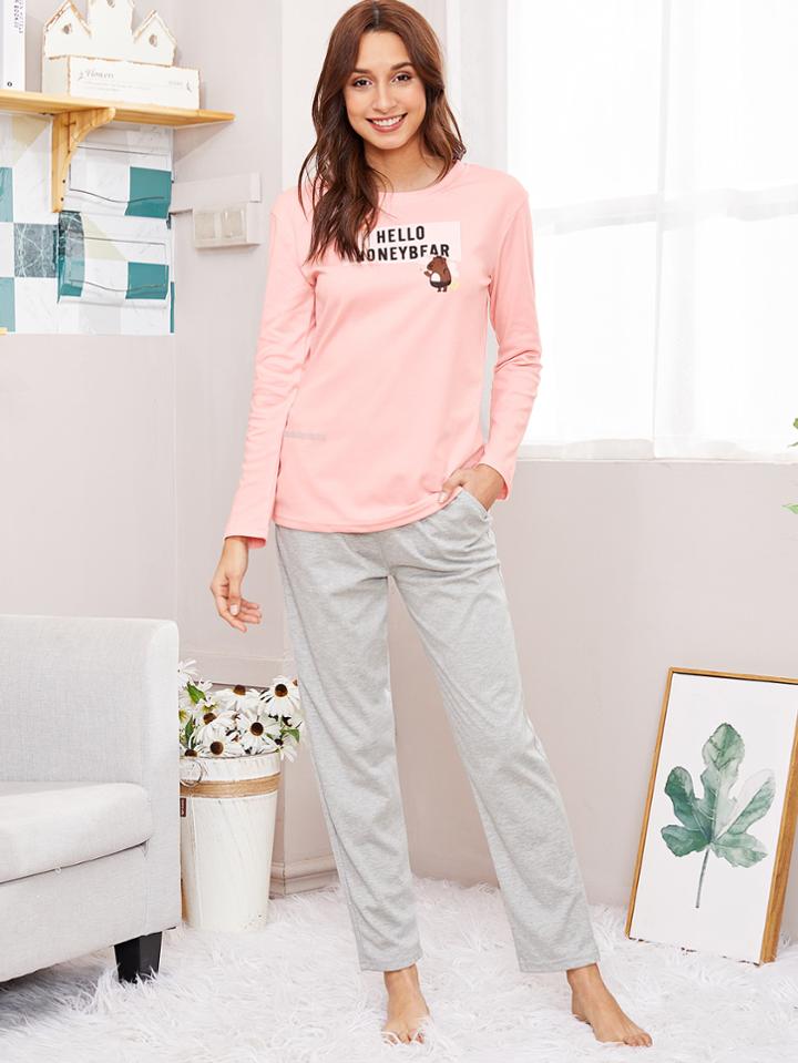 Shein Letter & Bear Print Tee & Pants Pj Set