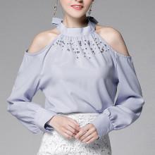 Shein Faux Pearl Beading Tie Neck Open Shoulder Shirt