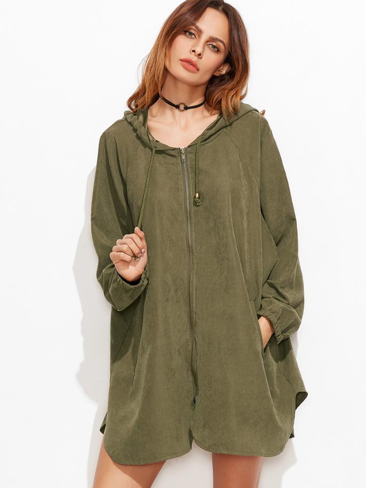 Shein Olive Green Zipper Front Hooded Raglan Sleeve Swing Coat
