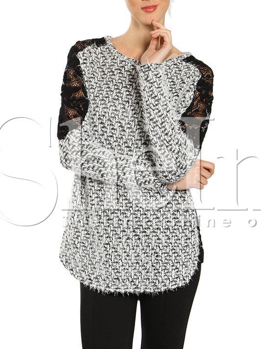 Shein Grey Contrast Lace Tweed Blouse