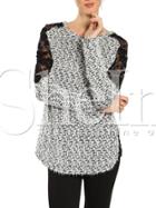 Shein Grey Contrast Lace Tweed Blouse
