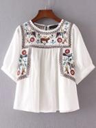 Shein Embroidery Elbow Sleeve Keyhole Blouse