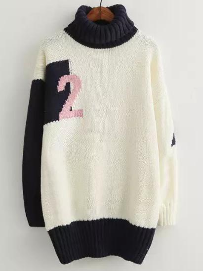 Shein Colour-block Turtle Neck 2 Pattern Sweater
