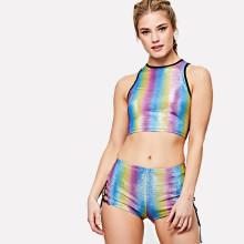 Shein Lace Up Metallic Stripe Top & Shorts Set