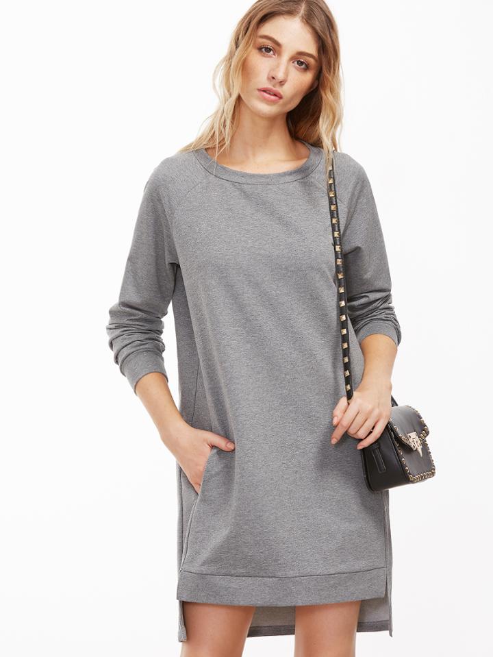 Shein Heather Grey Raglan Sleeve High Low Sweatshirt Dress