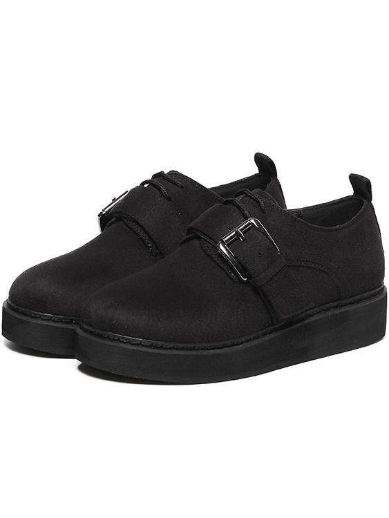 Shein Black Round Toe Buckle Lace Up Flats