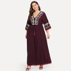 Shein Plus Pompom Cuff Tassel Detail Embroidery Dress