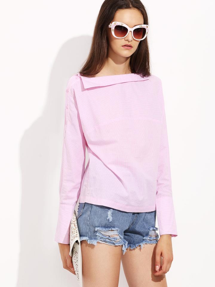 Shein Pink Striped Long Sleeve Buttons Blouse