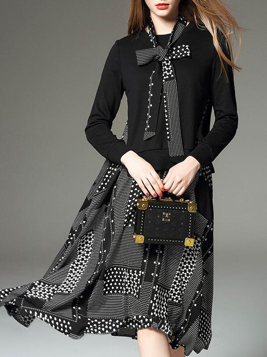 Shein Black Tie Neck Print Cropped Dress