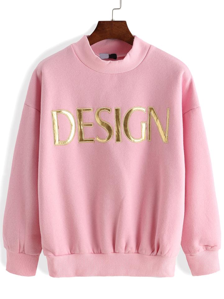 Shein Pink Mock Neck Letters Patterned Sweatshirt