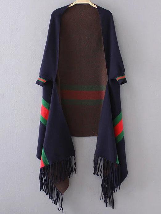 Shein Navy Stripped Open Front Fringe Poncho Sweater