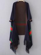 Shein Navy Stripped Open Front Fringe Poncho Sweater