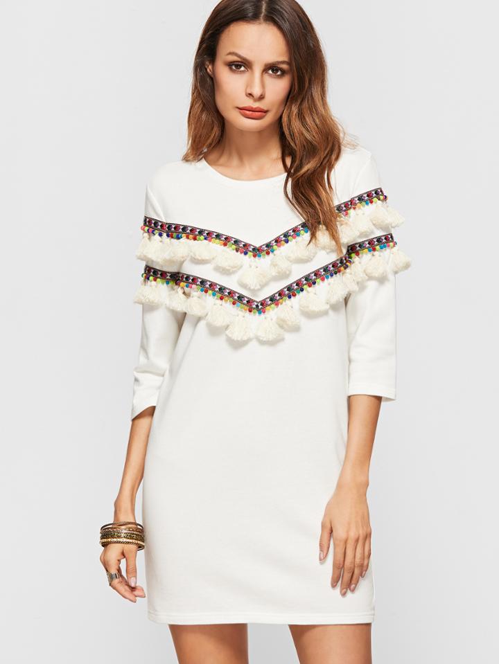 Shein White 3/4 Sleeve Dress With Embroidered Tape And Tassel Detail