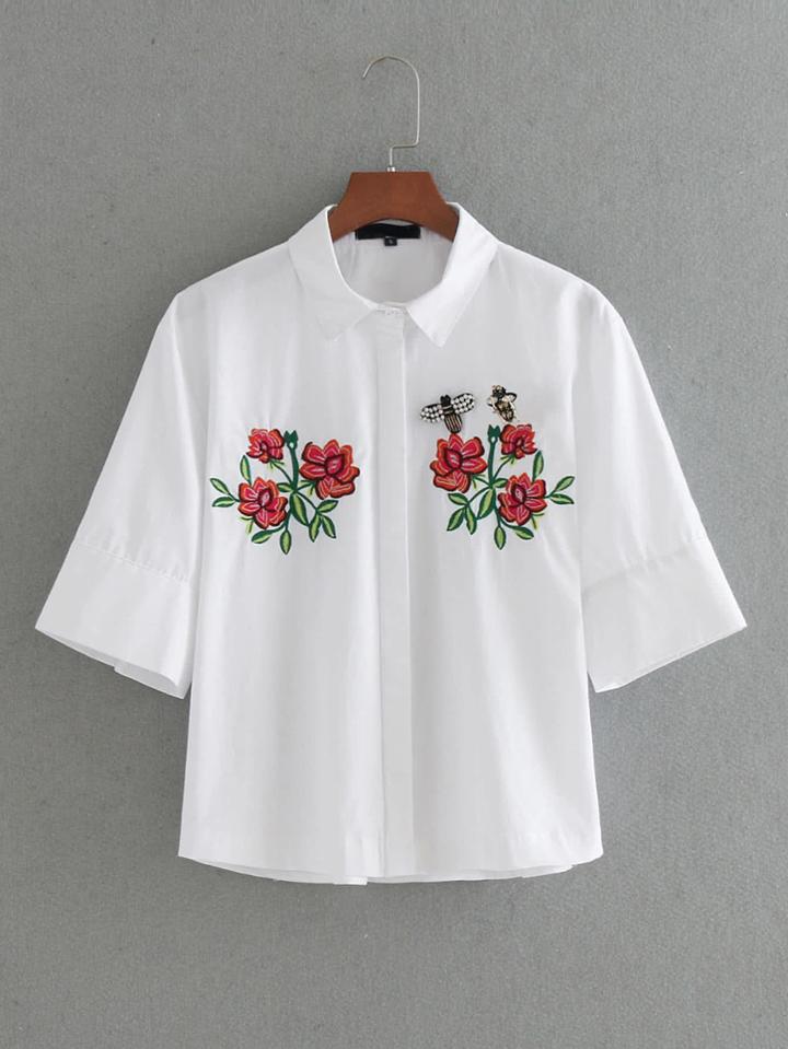 Shein Flower Embroidered Beaded Embellished Blouse