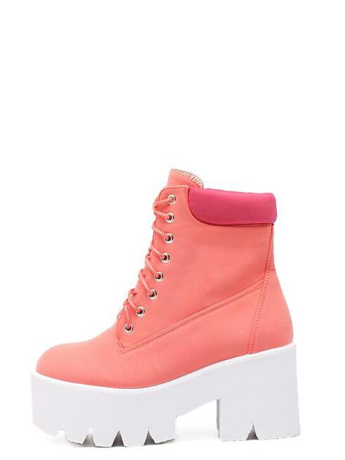 Shein Watermelon Red Round Toe Lace Up Platform Boots