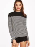 Shein Black And White Striped Contrast Yoke T-shirt