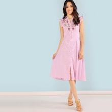Shein Button Up Embroidered Collar Neck Striped Dress