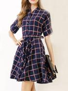 Shein V Neck Checkered Belted Skater Dress