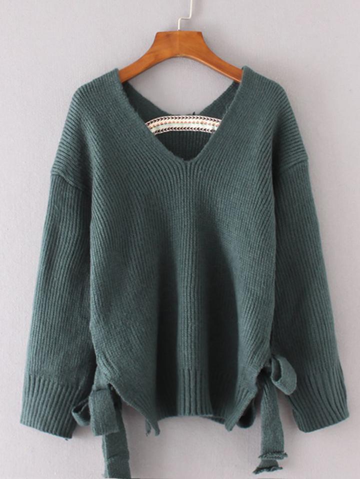 Shein Side Tie Double V Neckline Sweater